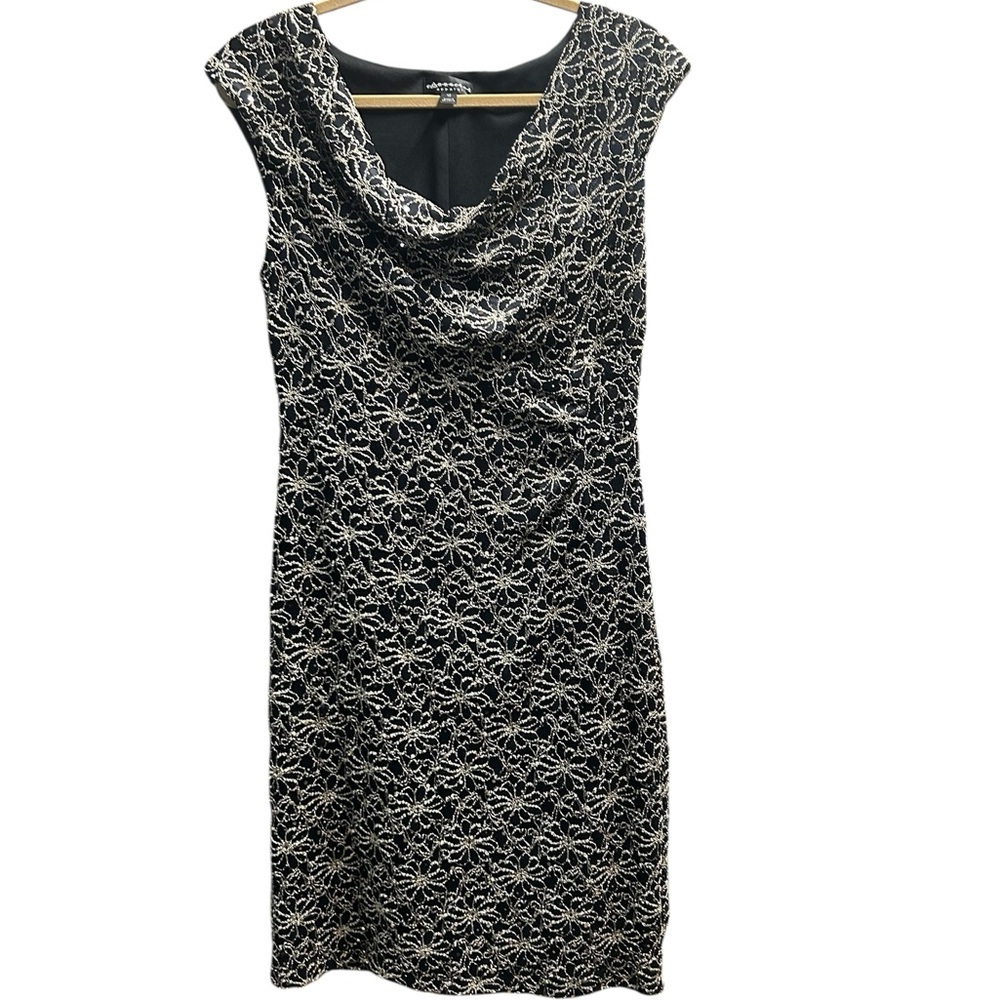 Connected Apparel Gold Black Floral Sequin Dark Romantic Sheath Dress SZ 12 Y2K
